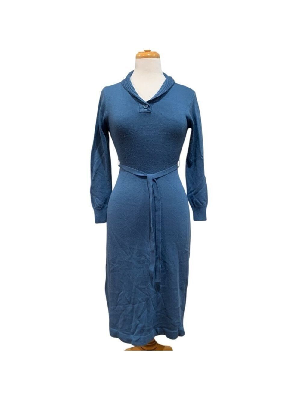 Vntg late 70’s blue long sleeved cowl neck midi dress w/belt sz Xs/S